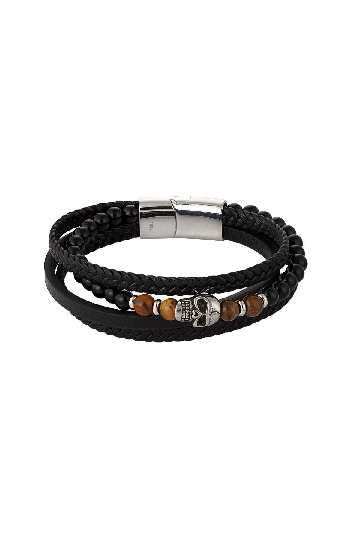 Dubbele Heren Armband – Gevlochten met Kralen & Doodskop Bedel | Roestvrij Staal | Zwart & Bruin
