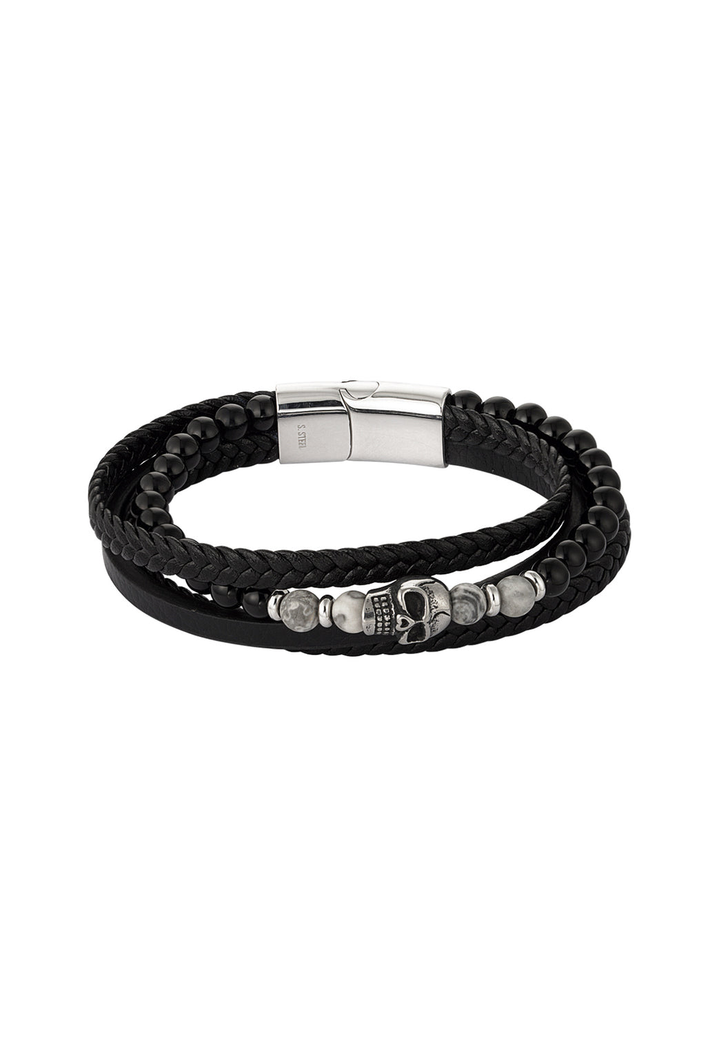 Dubbele Heren Armband – Gevlochten met Kralen & Doodskop Bedel | Roestvrij Staal | Zwart & Bruin