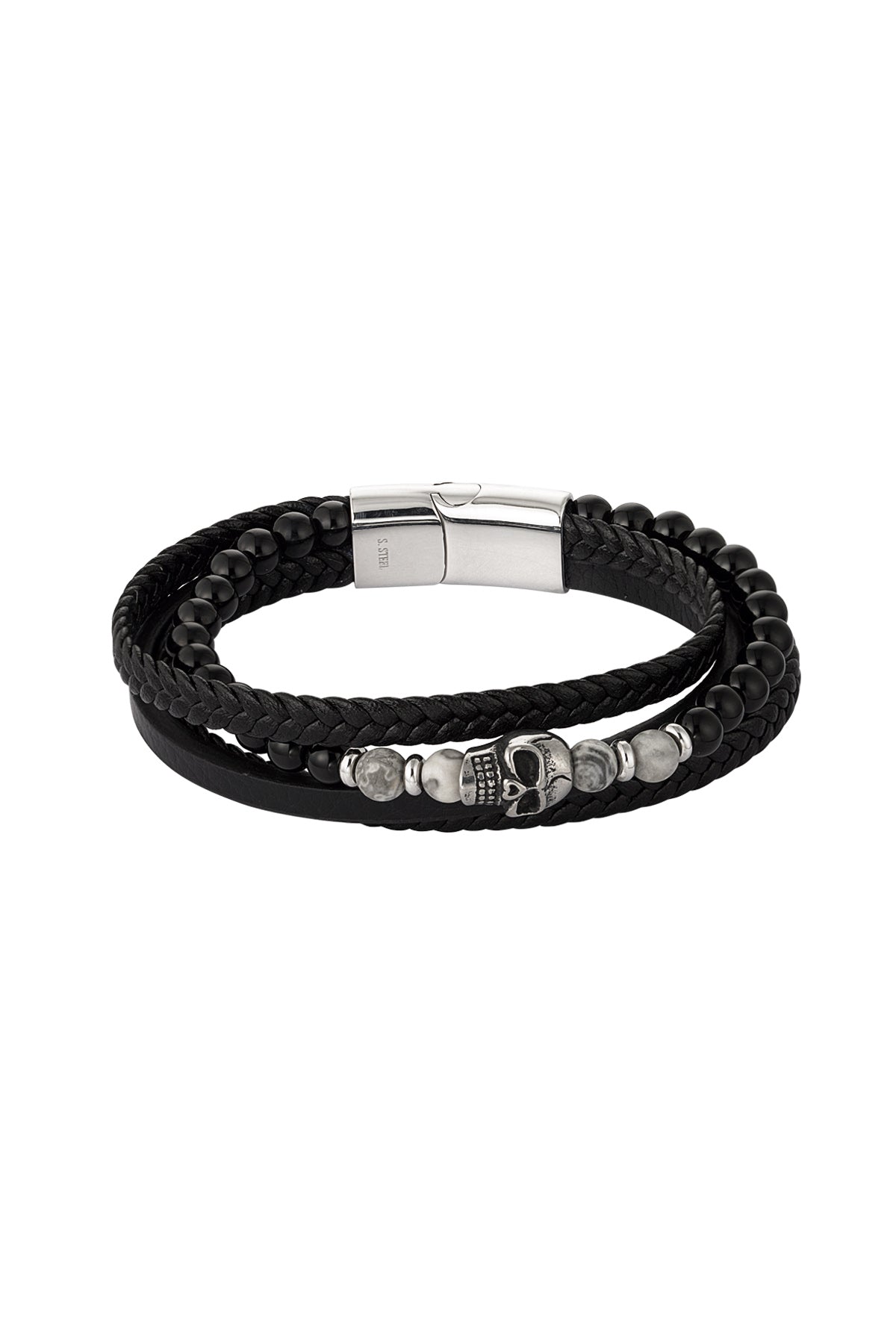 Dubbele Heren Armband – Gevlochten met Kralen & Doodskop Bedel | Roestvrij Staal | Zwart & Bruin