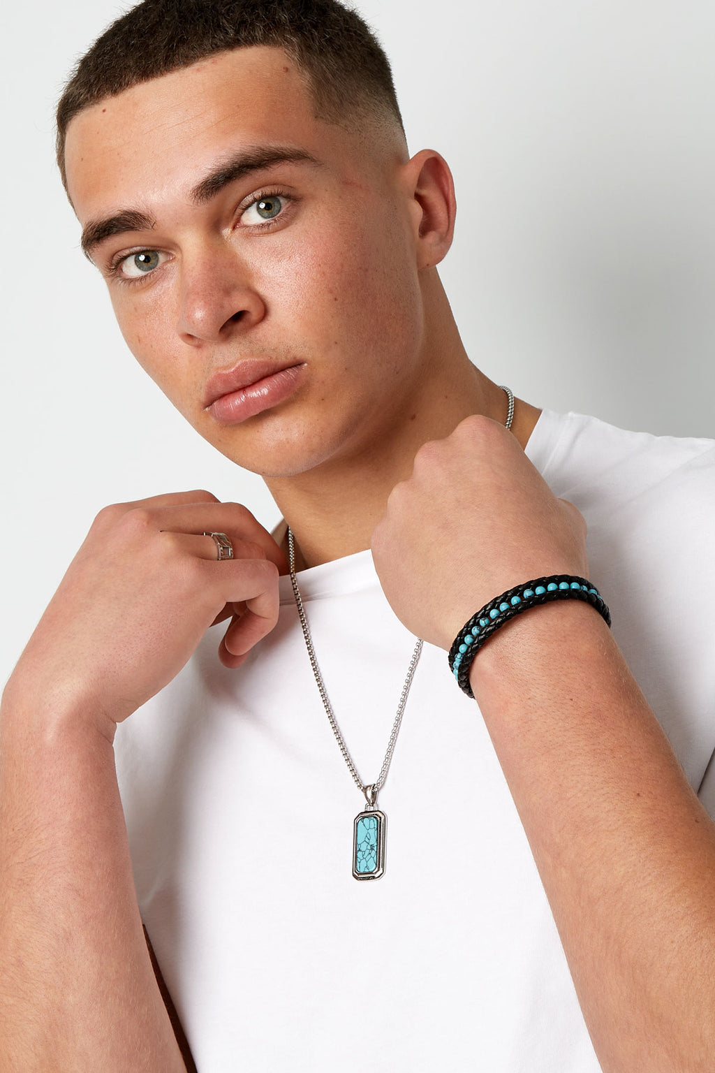 Dubbele Gevlochten Heren Armband met Kralen | Turquoise & Zwart