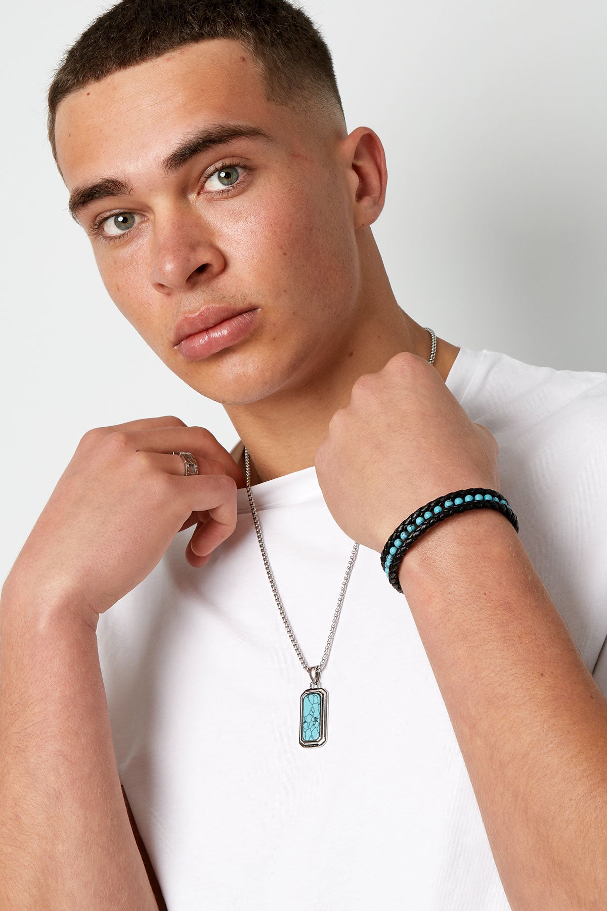 Dubbele Gevlochten Heren Armband met Kralen | Turquoise & Zwart