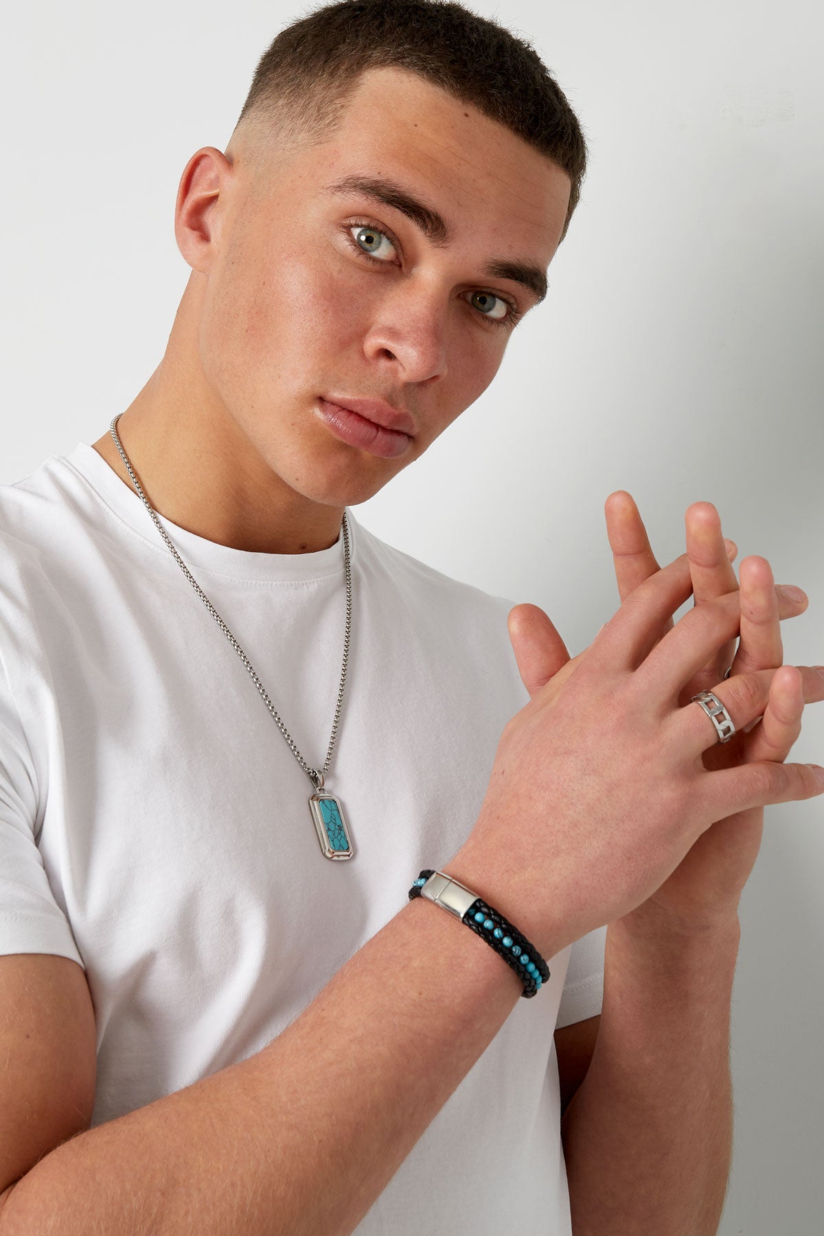 Dubbele Gevlochten Heren Armband met Kralen | Turquoise & Zwart