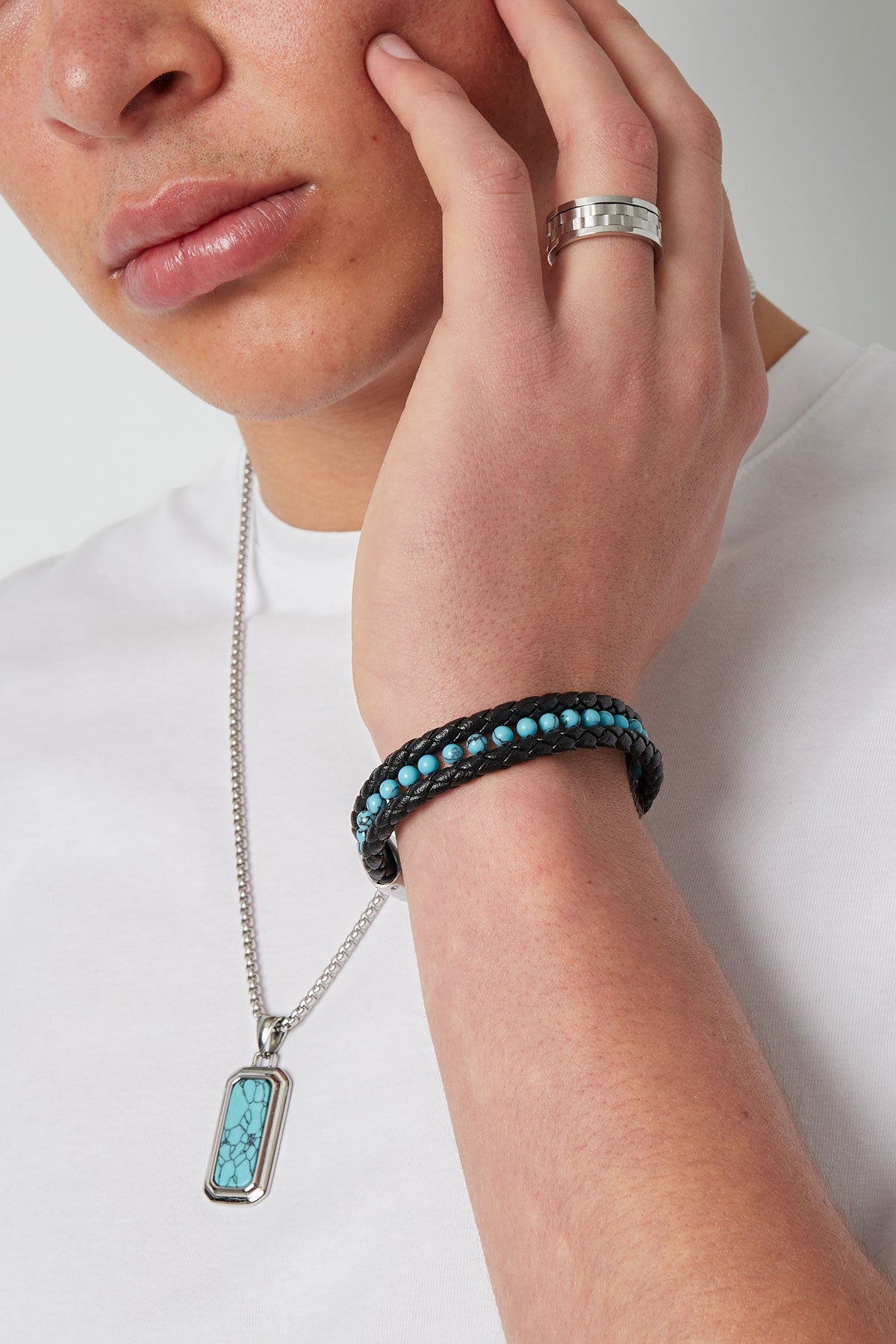 Dubbele Gevlochten Heren Armband met Kralen | Turquoise & Zwart