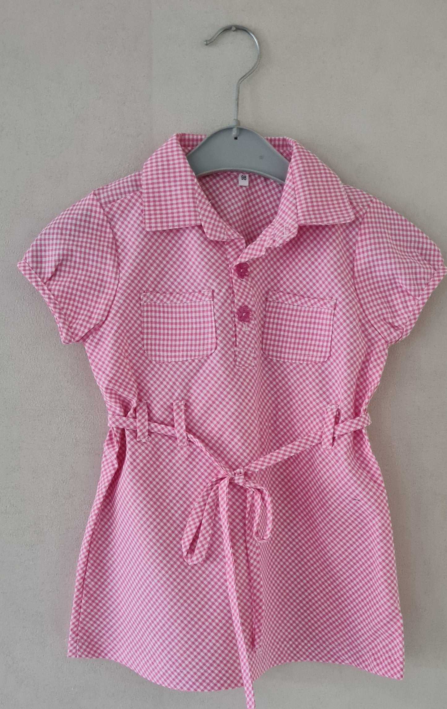 Meisjesjurk Vichy Ruitje | 100% Katoen | Strikceintuur & Bloemenknopen | Roze & Groen | Maat 98