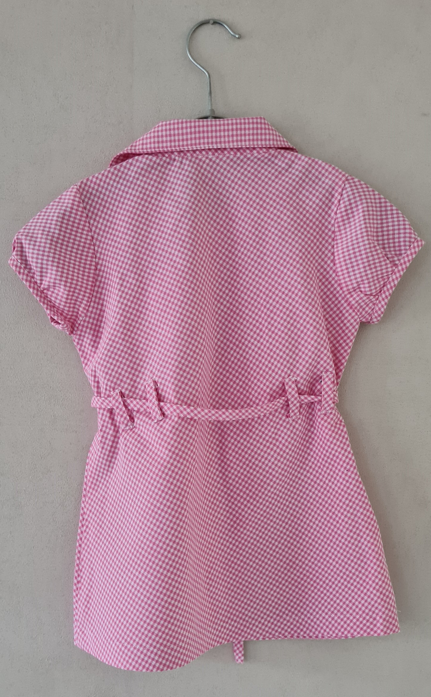 Meisjesjurk Vichy Ruitje | 100% Katoen | Strikceintuur & Bloemenknopen | Roze & Groen | Maat 98