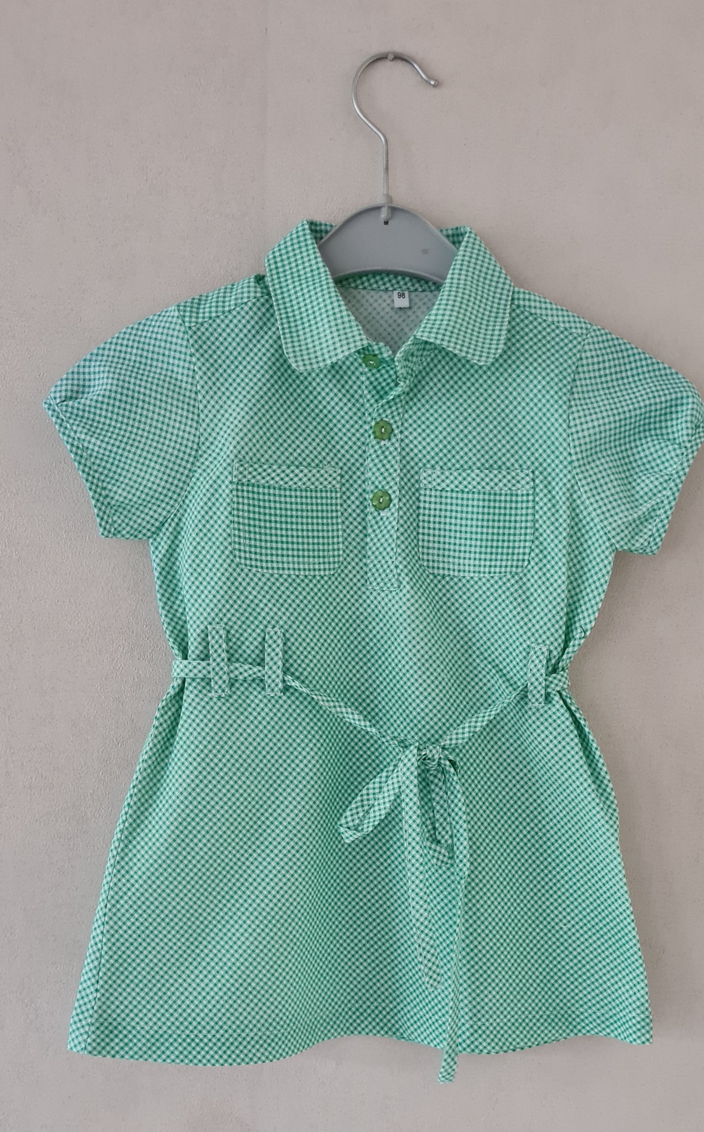 Meisjesjurk Vichy Ruitje | 100% Katoen | Strikceintuur & Bloemenknopen | Roze & Groen | Maat 98
