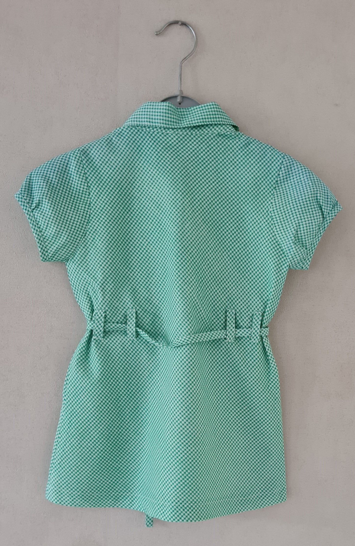 Meisjesjurk Vichy Ruitje | 100% Katoen | Strikceintuur & Bloemenknopen | Roze & Groen | Maat 98