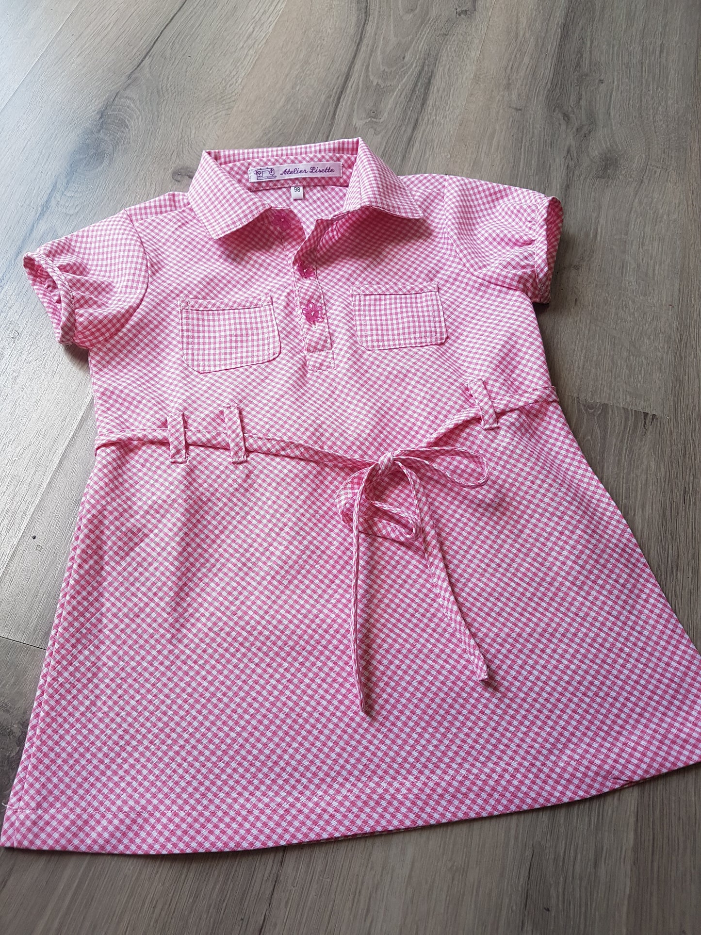 Meisjesjurk Vichy Ruitje | 100% Katoen | Strikceintuur & Bloemenknopen | Roze & Groen | Maat 98