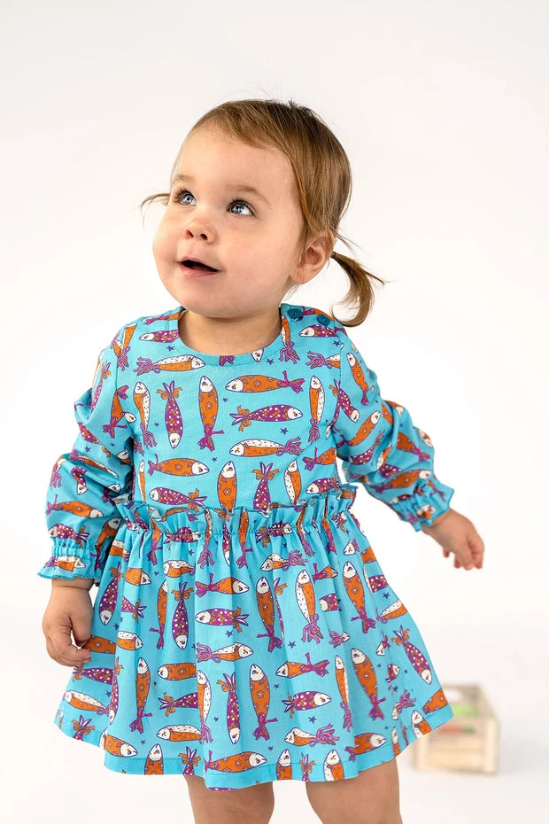 Cotton Baby Dress Girls | Fish Print | Aqua