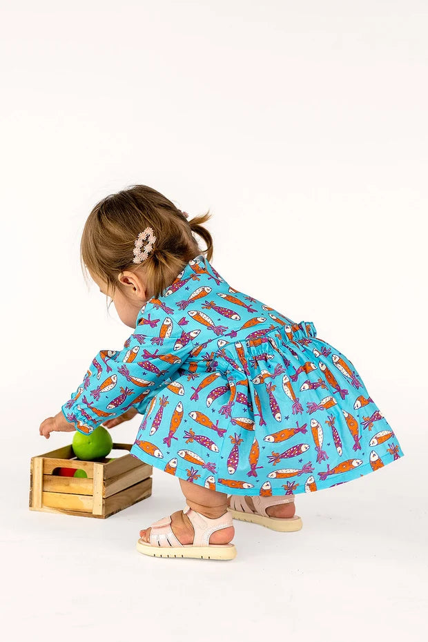 Cotton Baby Dress Girls | Fish Print | Aqua