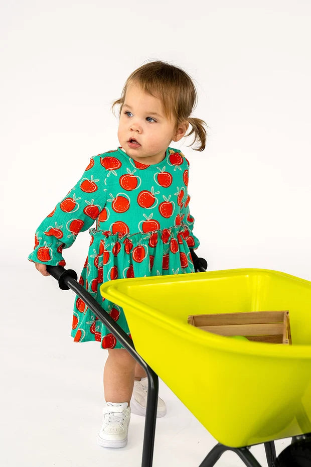 Katoenen Baby Jurk Meisjes | Appels Print | Donker mint