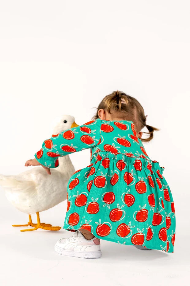 Katoenen Baby Jurk Meisjes | Appels Print | Donker mint