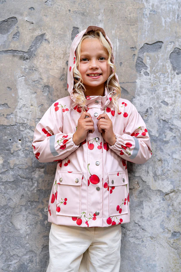 Mädchen Regenjacke Kirschen-Print – Hellrosa | Wasserabweisend | Größen 80–176