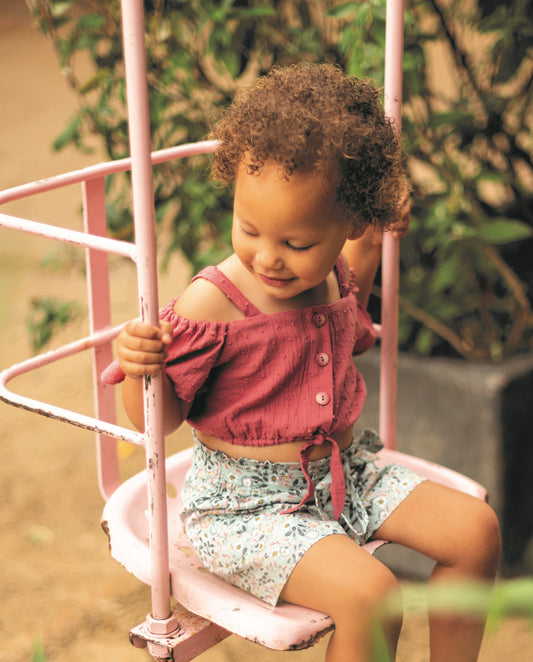 Girls' Pink Cropped Top — Off-Shoulder with Butterfly Sleeves & Bows