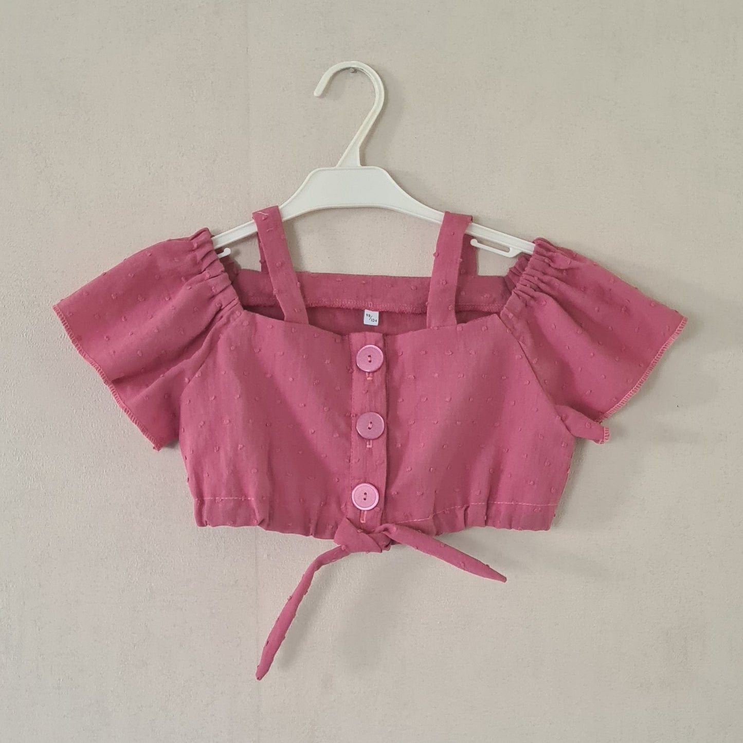 Girls' Pink Cropped Top — Off-Shoulder with Butterfly Sleeves & Bows