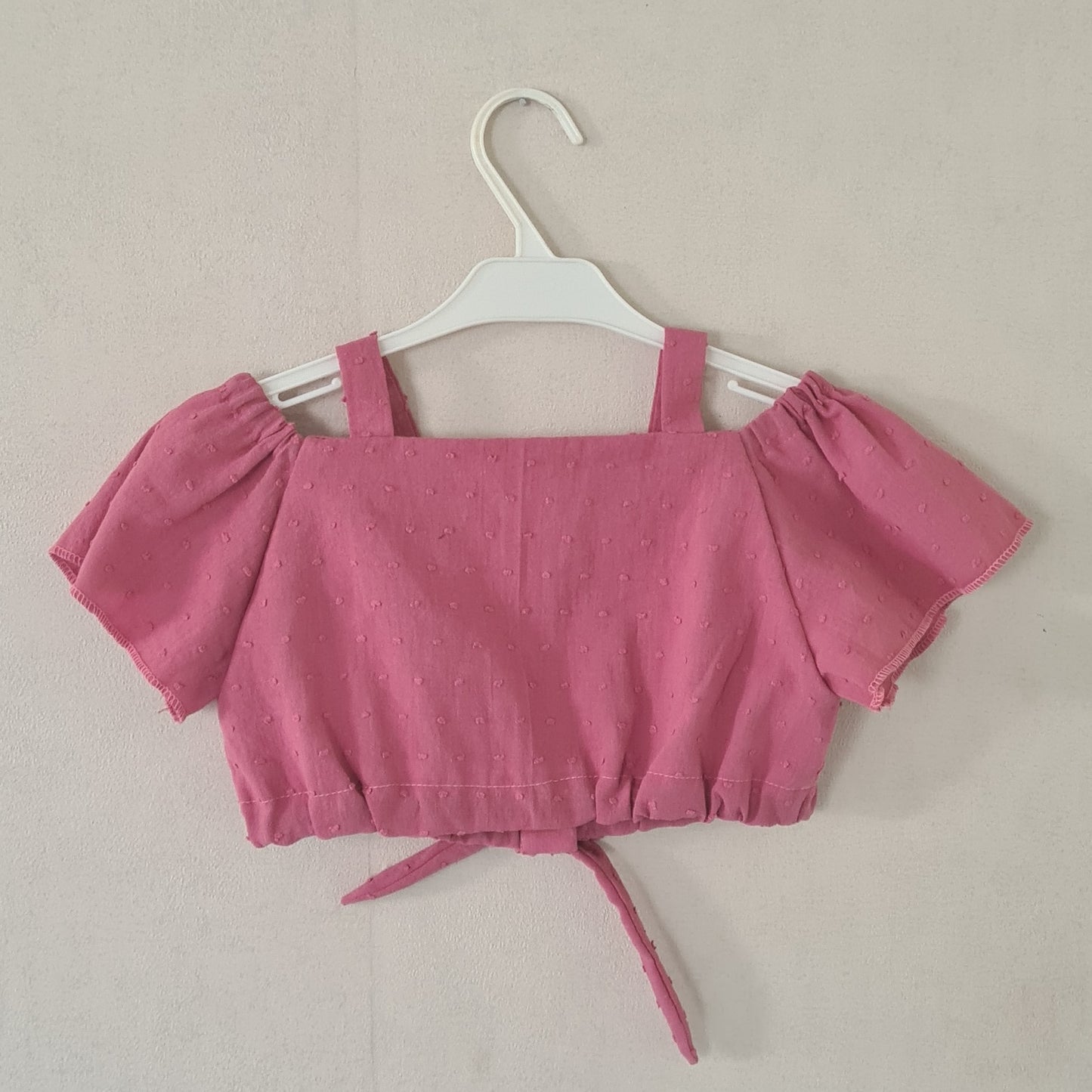 Girls' Pink Cropped Top — Off-Shoulder with Butterfly Sleeves & Bows