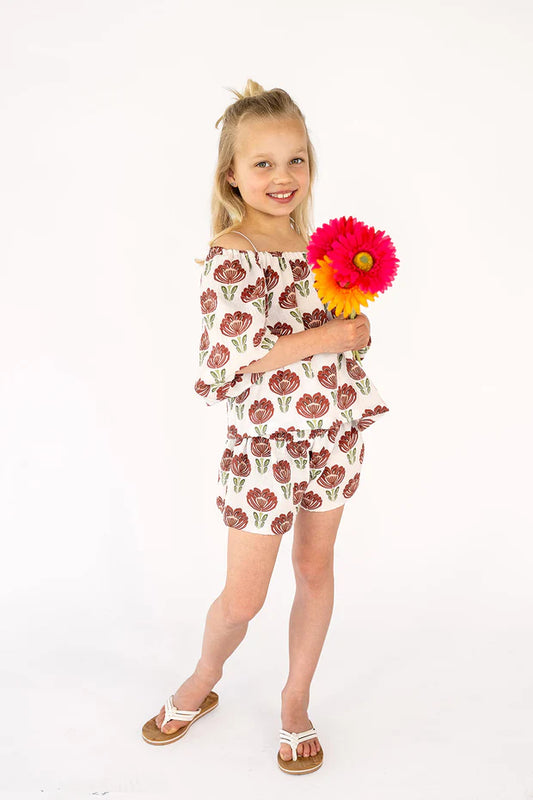 Mädchen Musselin-Top mit Blumendruck | Puffärmel | Off-Shoulder | Frühling/Sommer