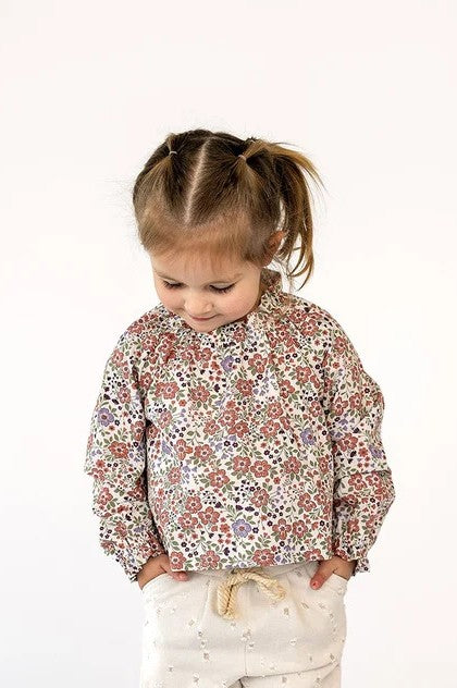 Meisjesblouse Bloemenprint | Lange Mouwen & Gerimpelde Hals | 100% Katoen