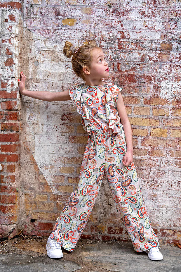 Girls' Bamboo Paisley Print Jumpsuit | Beige & Lilac | Sizes 80-176
