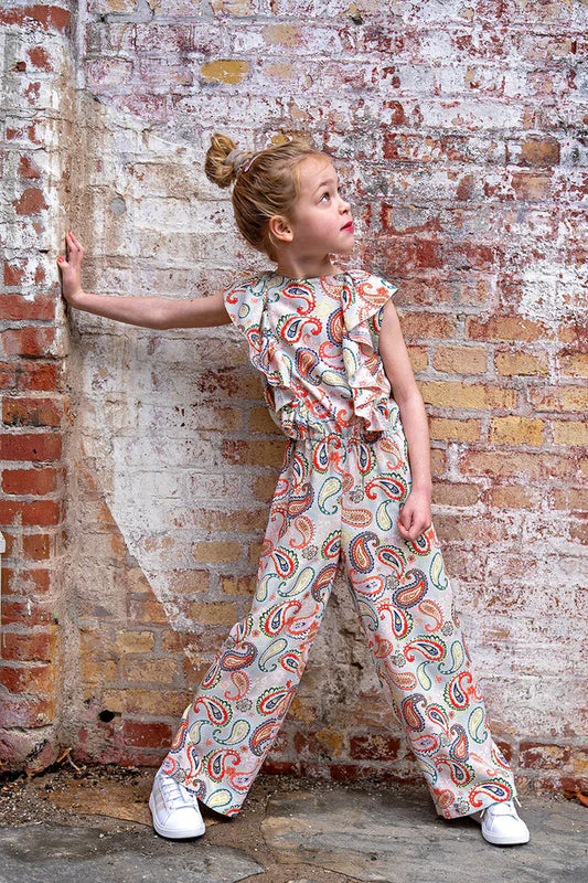 Jumpsuit Mädchen Bambus Paisley Print | Beige & Lila | Größe 80-176