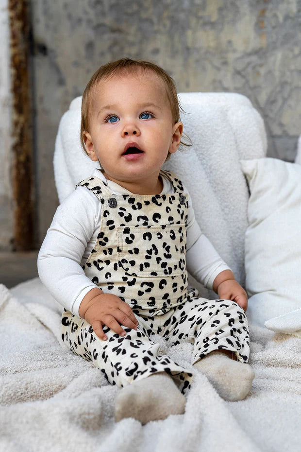 Baby Corduroy Leopard Print Dungarees – Salopette in Beige & Salmon | Sizes 50-86