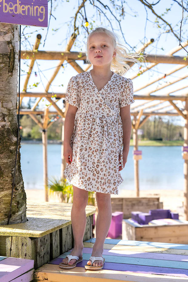Meisjes Overslagjurk Luipaardprint | Mousseline | Gebroken Wit | Maten 80-176