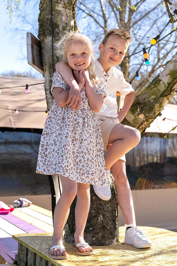 Meisjes Overslagjurk Luipaardprint | Mousseline | Gebroken Wit | Maten 80-176