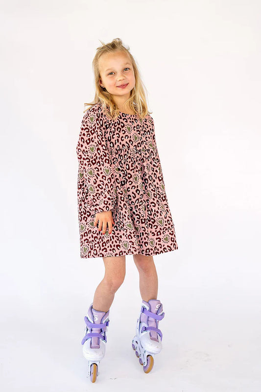 Mousseline Jurk Meisjes | Panterprint met Hartjes | Lichtroze