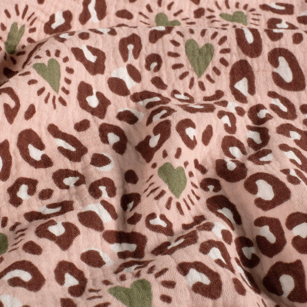 Mousseline Jurk Meisjes | Panterprint met Hartjes | Lichtroze
