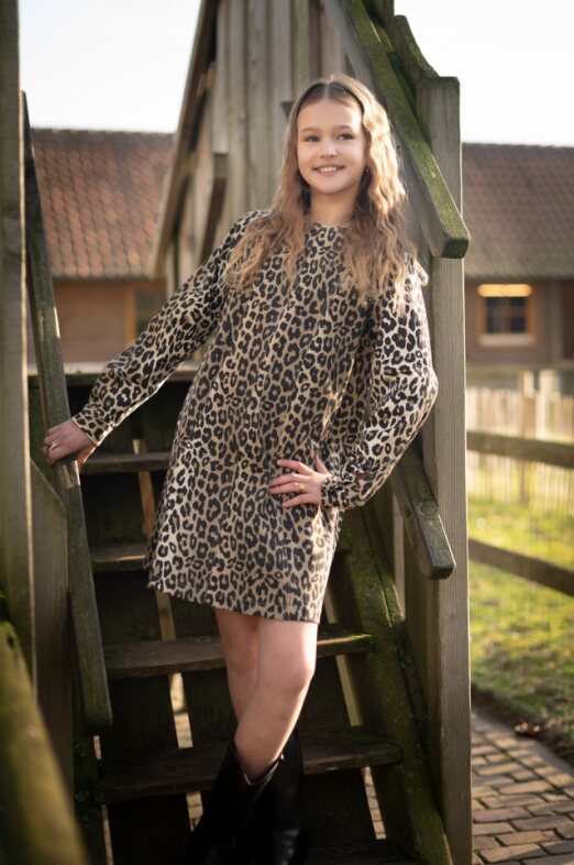 Leopardenkleid Mira – Lange Ärmel & Weiter Rock | Mädchen