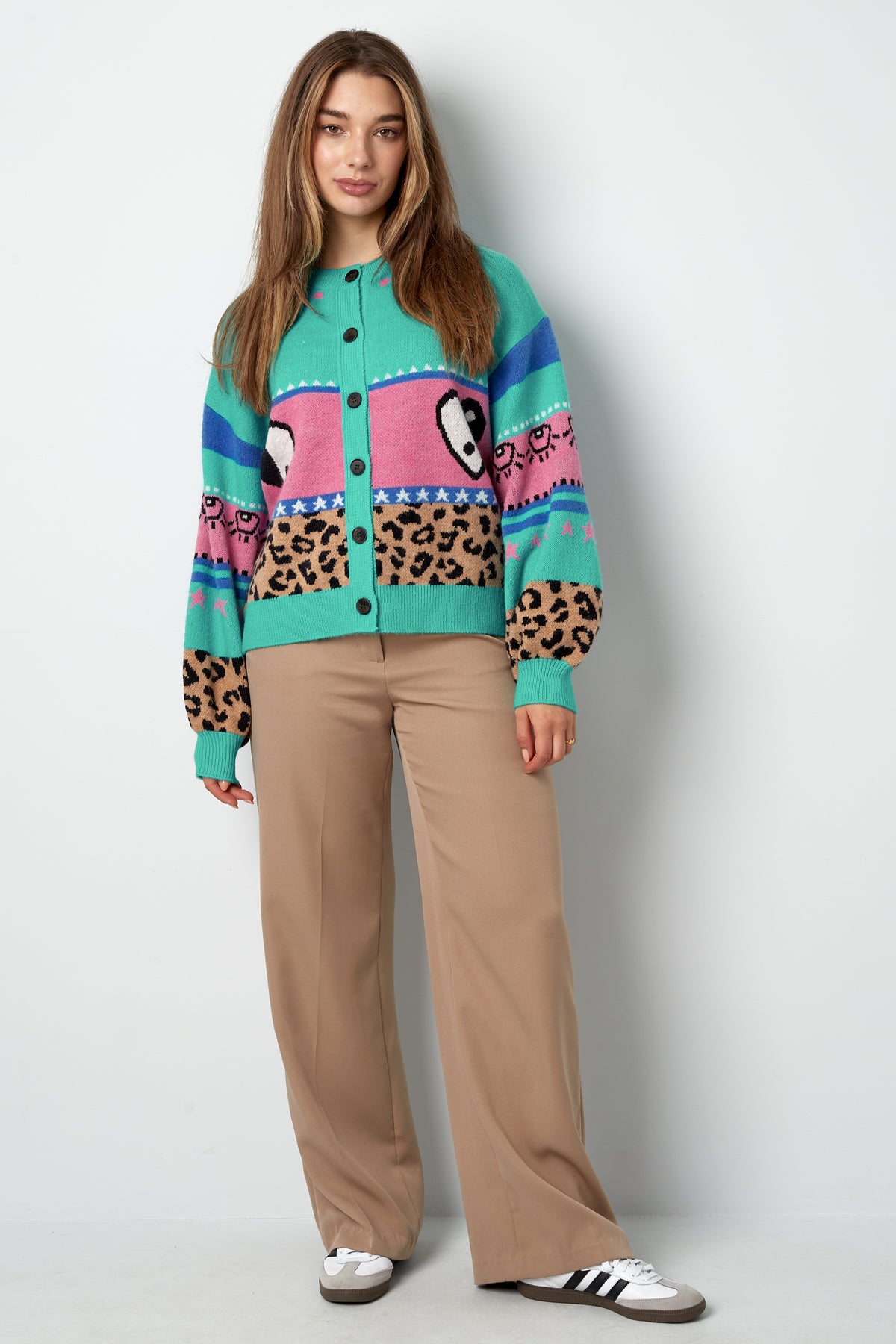 Gebreide Wolmix Vrouwen Cardigan Oversized Gepatroneerd Ontwerp