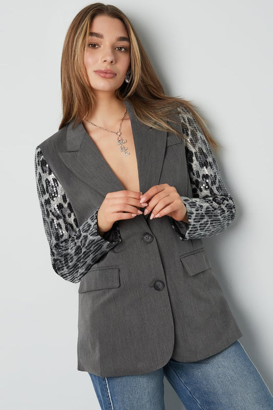 Blazer met panterprint glitter mouw