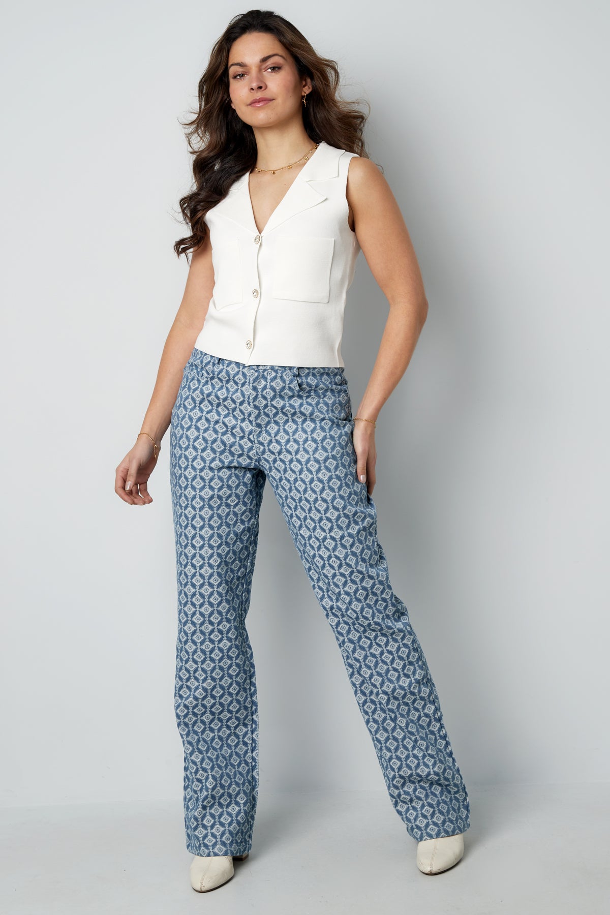 Cotton Woven Vrouwen Rechte Broek Geometrisch Patroon