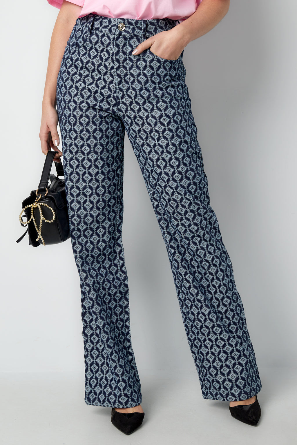 Cotton Woven Vrouwen Rechte Broek Geometrisch Patroon