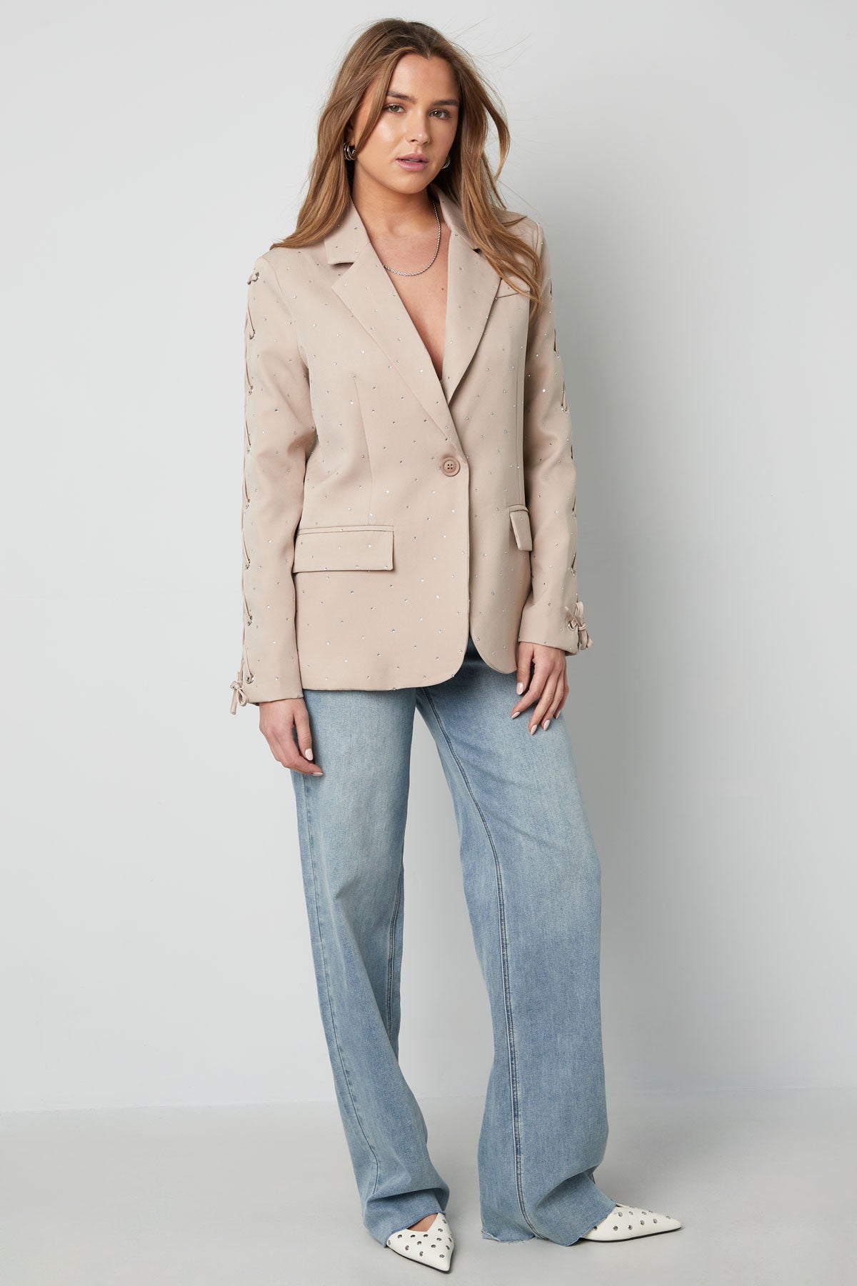Polyester Vrouwen Jas Set Met Veters Op Mouw