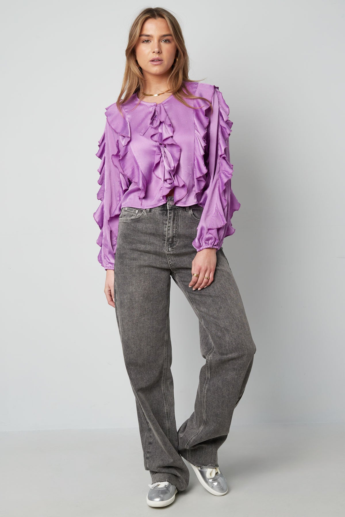 Polyester Vrouwen Lange Mouw Top Met Plooien Voorzijde Knoop