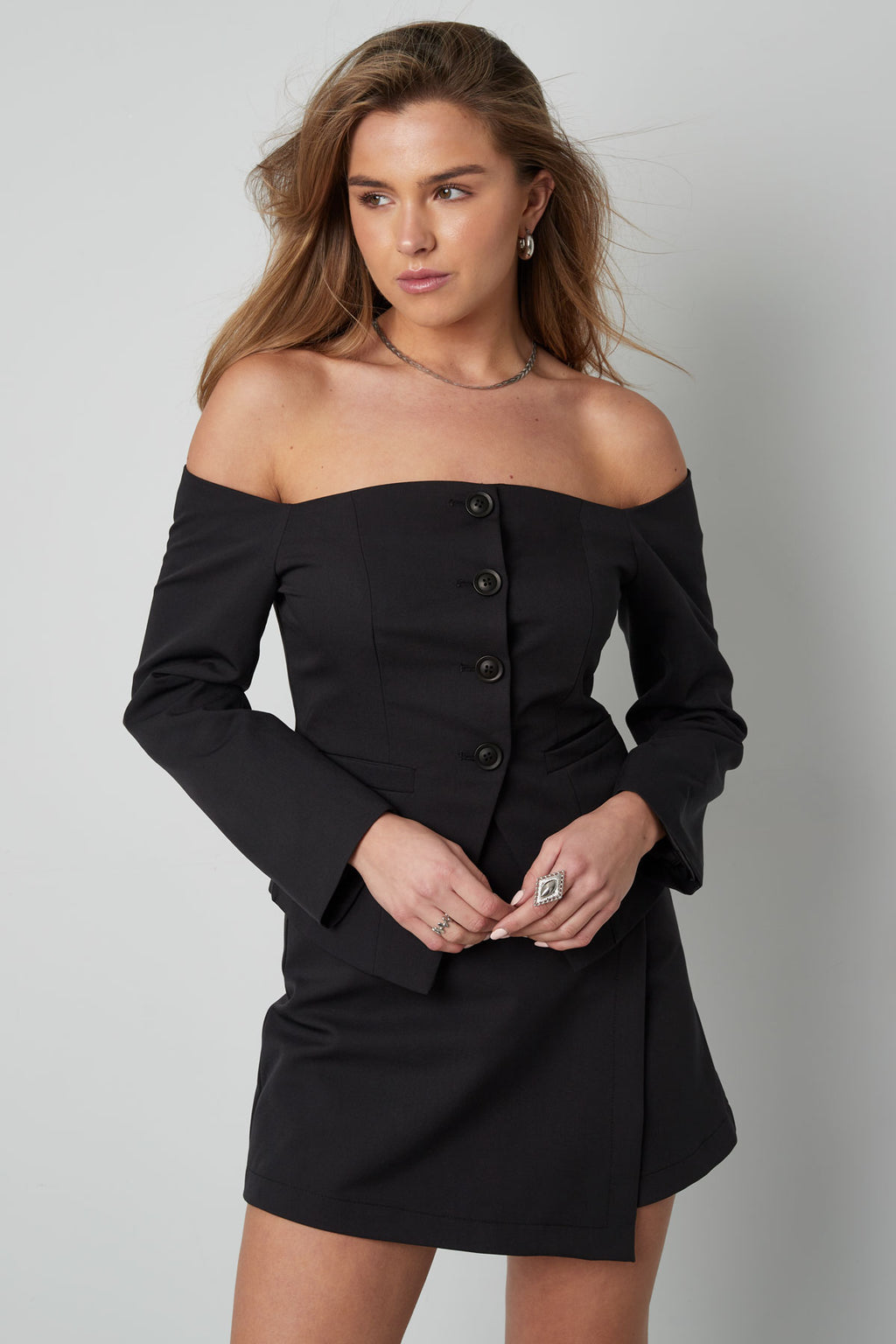 Polyester Vrouwen Off-Shoulder Lange Mouw Top Gesloten Voorkant Ontwerp