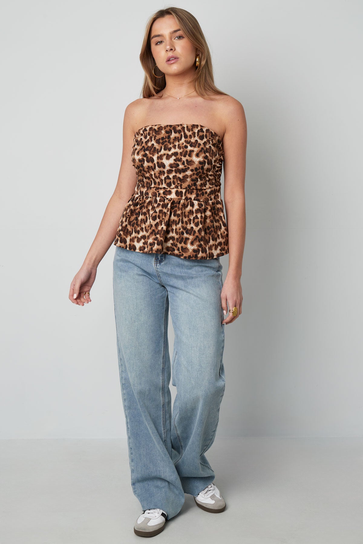 Polyester Vrouwen Strapless Top Luipaardprint Peplum Ontwerp