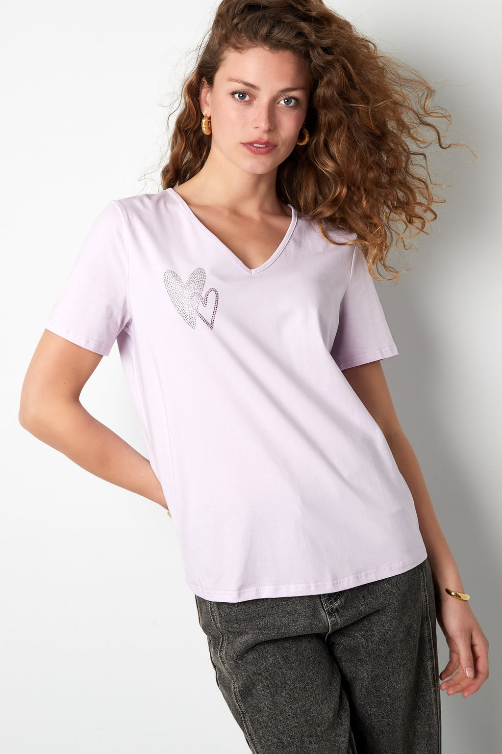 Cotton Vrouwen V-Hals T-Shirt Geborduurd Hart Ontwerp