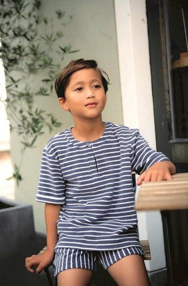 Striped Terry Cloth Blouse Boys - Short Sleeves | Navy Blue, Pink & Green | Size 92-164 | Colors Store