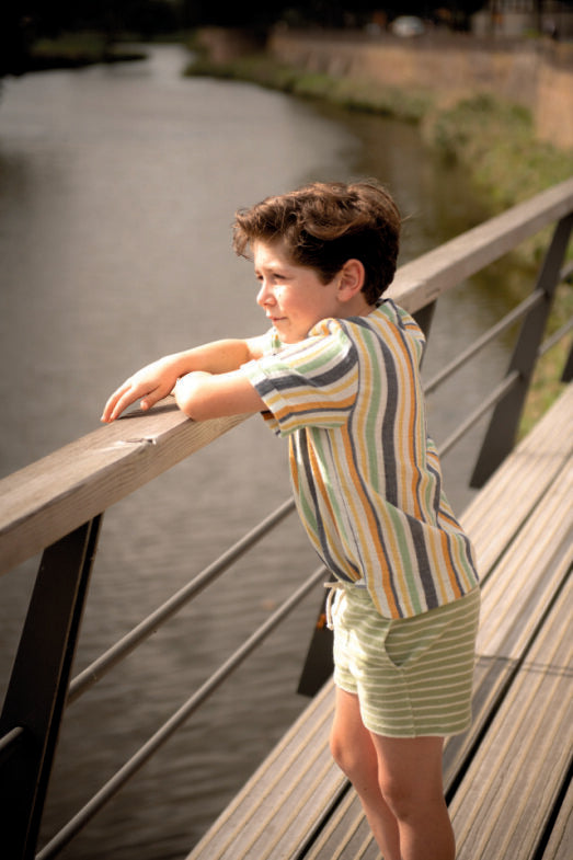 Striped Terry Shorts Boys – Elastic Waist | Navy Blue, Pink & Green | Size 92-164 | Colors Store