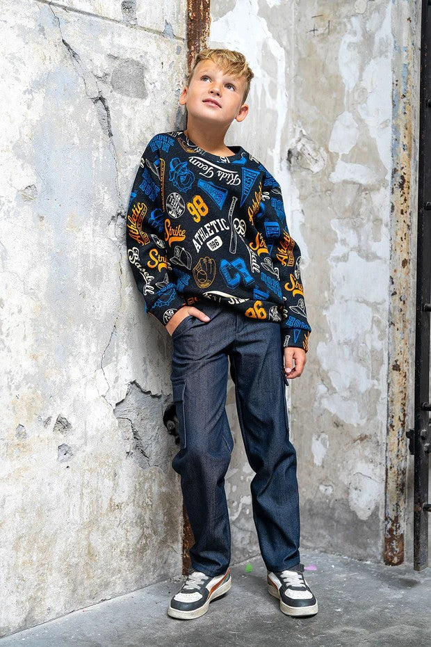 Boys' Sweater Baseball Print - Sweatshirt Fabric | Navy Blue | Size 80-176