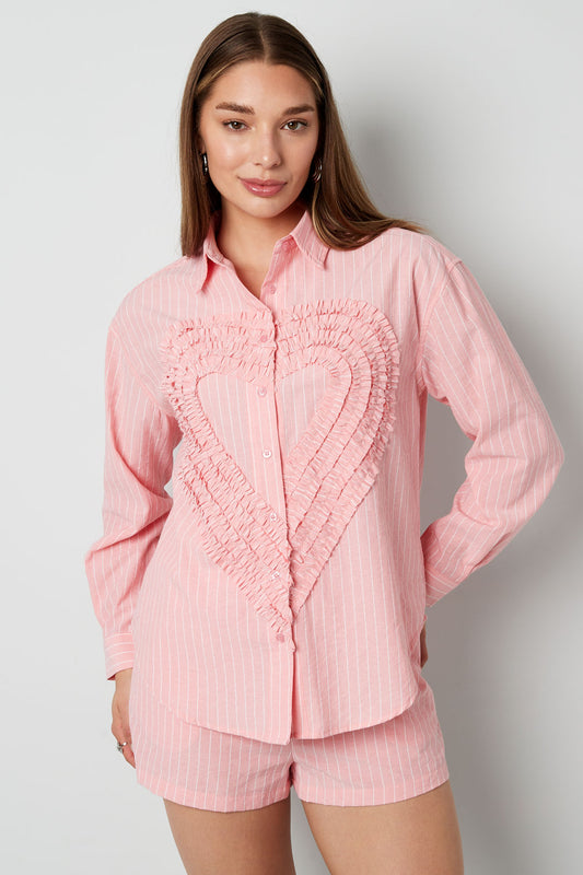 Cotton Woven Vrouwen Overhemd Casual Stripes Hart Ruffle Detail
