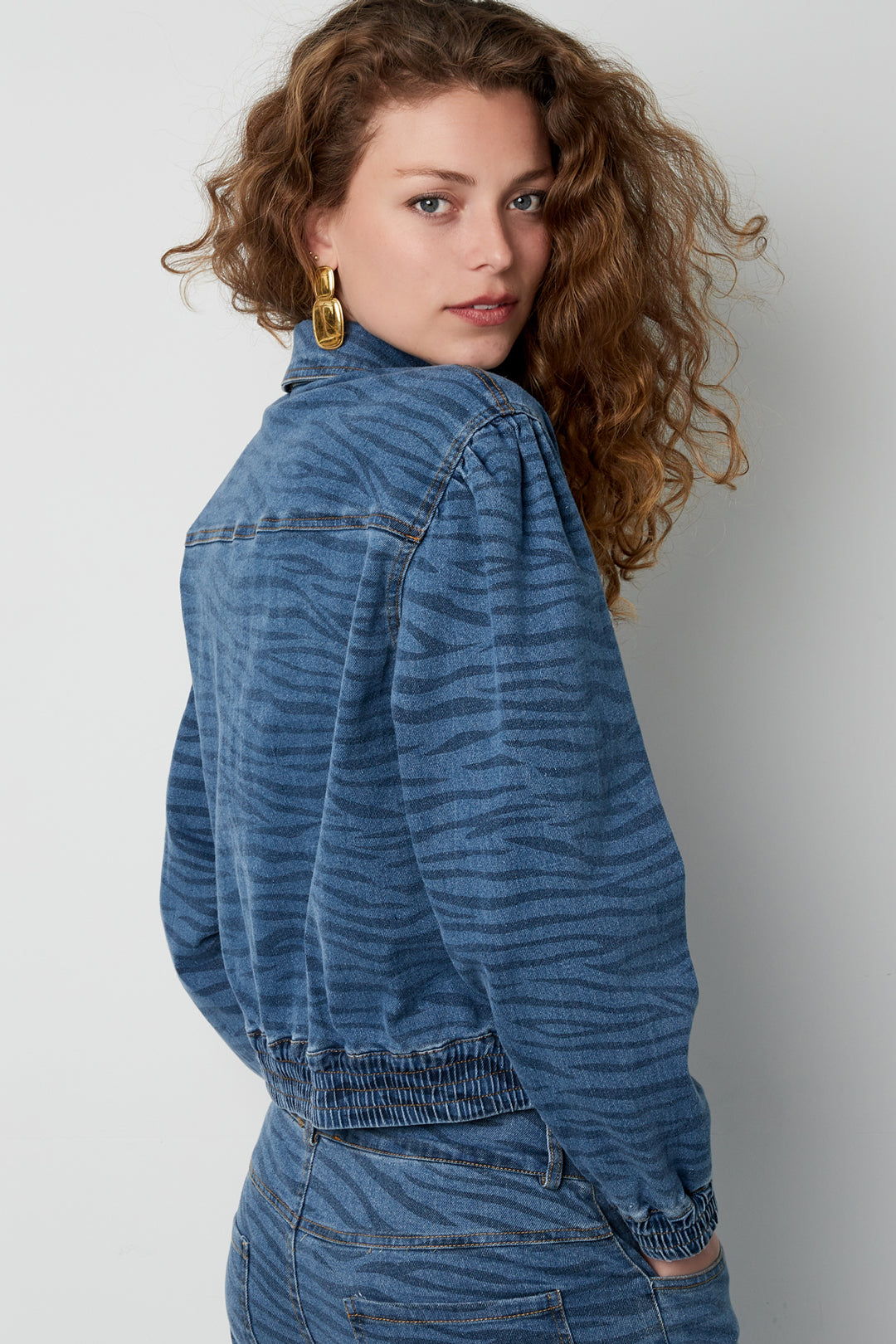 Denim Vrouwen Jas Kort Tiger Stripe Patroon