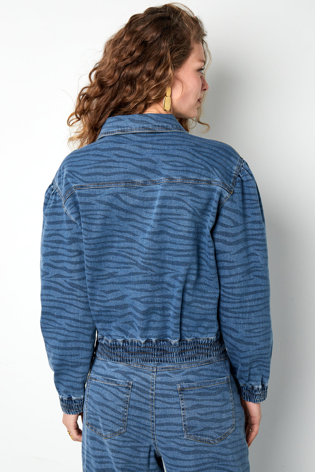 Denim Vrouwen Jas Kort Tiger Stripe Patroon