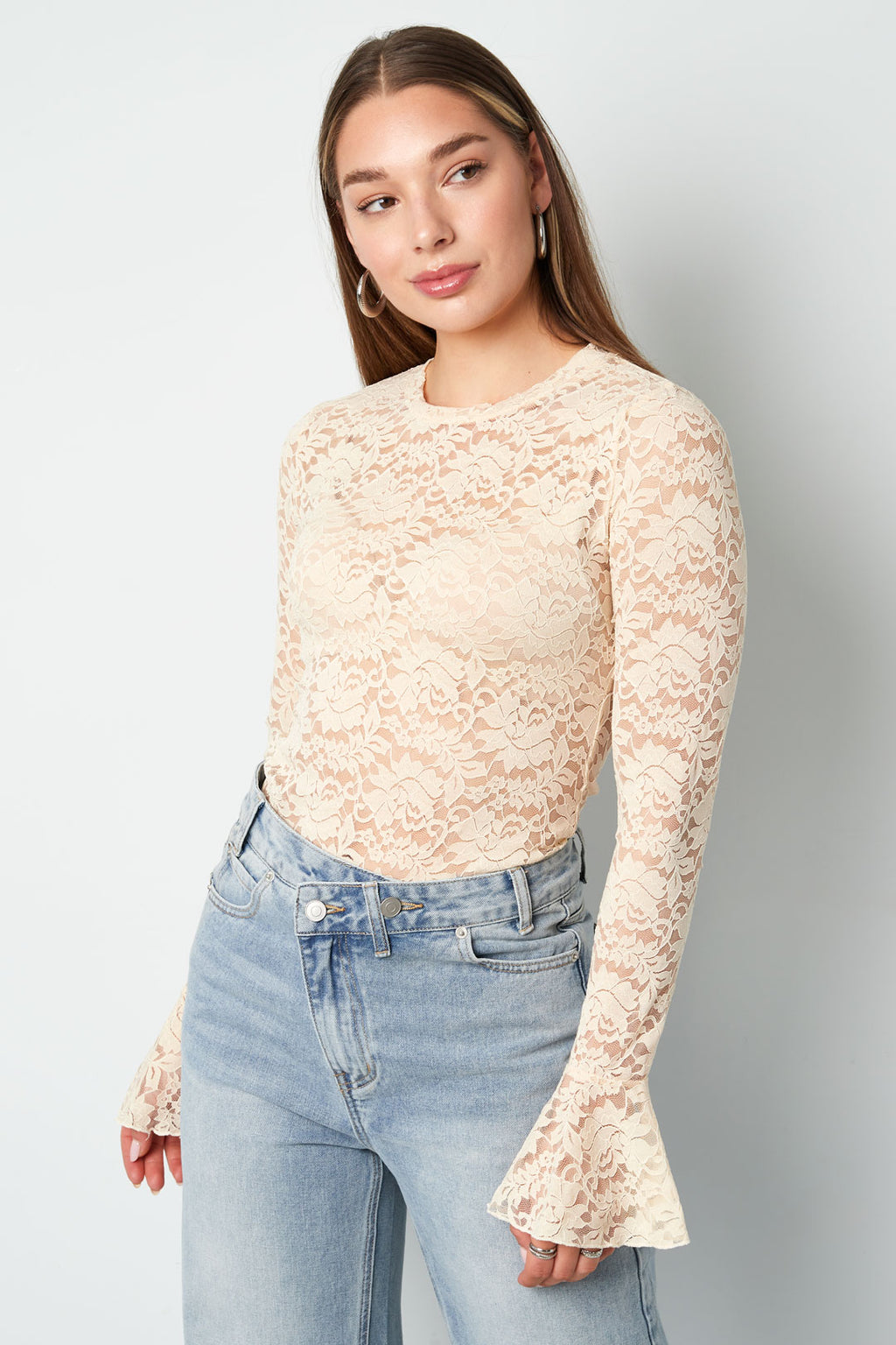 Geweven Polyester Lange Mouwen Tops Elegante Kanten Panel