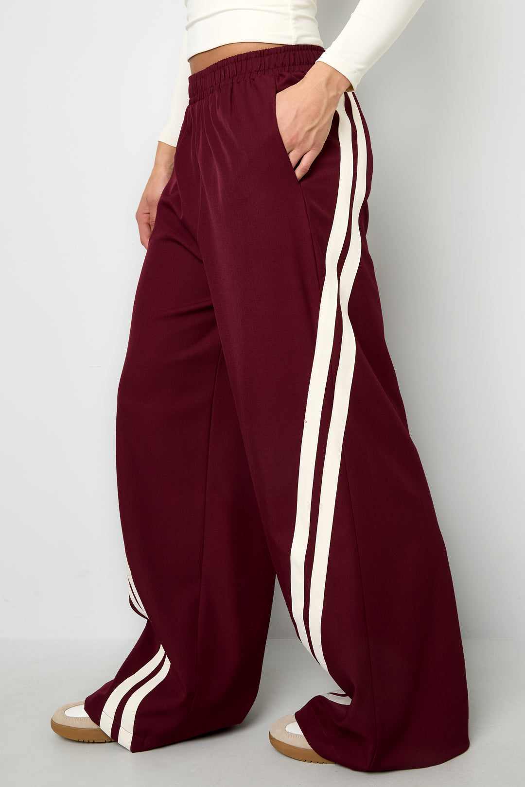 Geweven Polyestervezel Vrouwen Rechte Broek Sportief Contrasterende Strepen