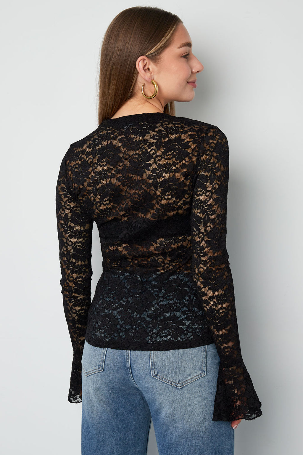 Geweven Polyester Lange Mouwen Tops Elegante Kanten Panel