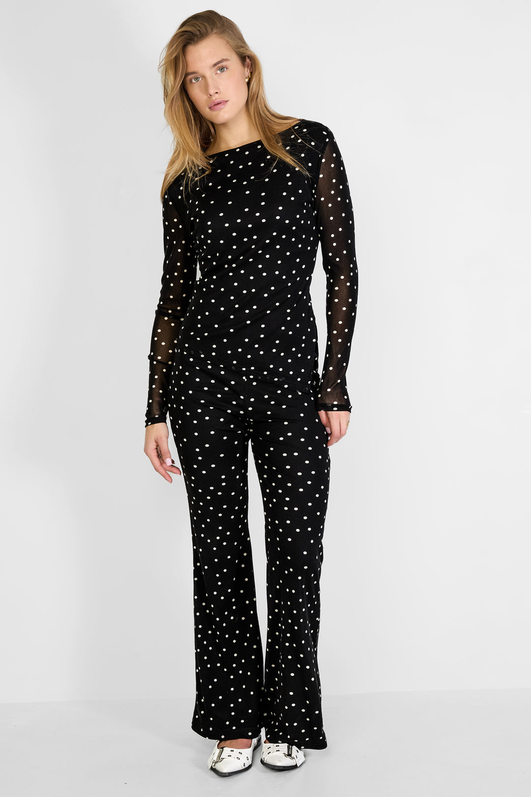 Woven Polyester Fiber Vrouwen Lange Mouwen Tops Elegant Polka Dots