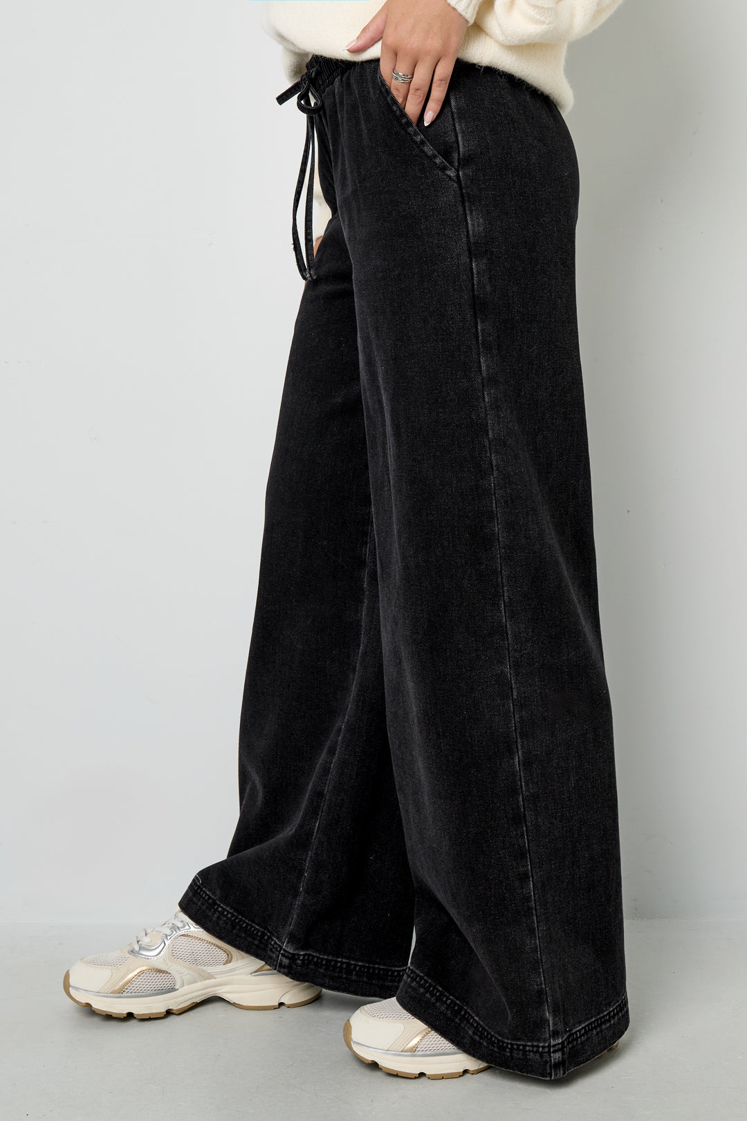 Geweven Katoen Vrouwen Wide Leg Jeans Sporty Solide Kleur